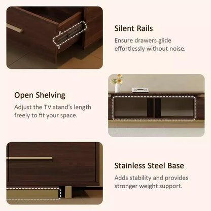 Meuble TV extensible de 161 cm à 240 cm pour téléviseurs jusqu'à 100", console multimédia moderne de style Mid-Century, noyer et acier inoxydable