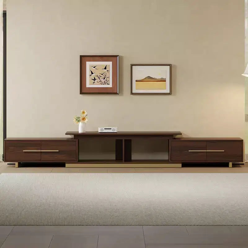 Meuble TV extensible de 161 cm à 240 cm pour téléviseurs jusqu'à 100", console multimédia moderne de style Mid-Century, noyer et acier inoxydable