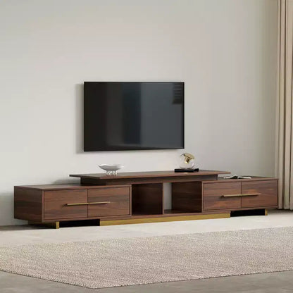 Meuble TV extensible de 161 cm à 240 cm pour téléviseurs jusqu'à 100", console multimédia moderne de style Mid-Century, noyer et acier inoxydable