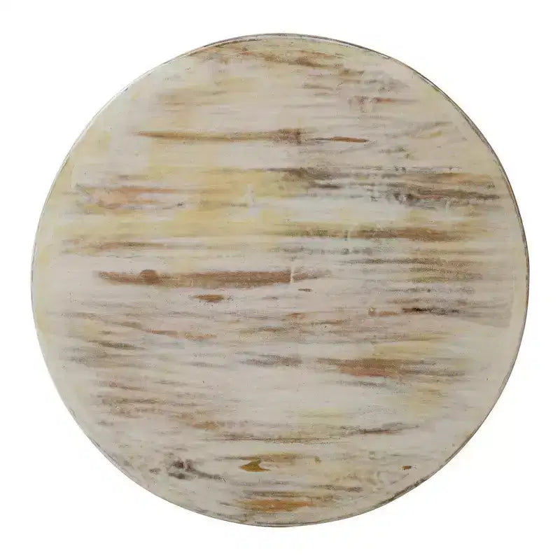 Table basse artisanale en bois de manguier de 33 pouces, finition blanche vieillie sculptée de motifs floraux