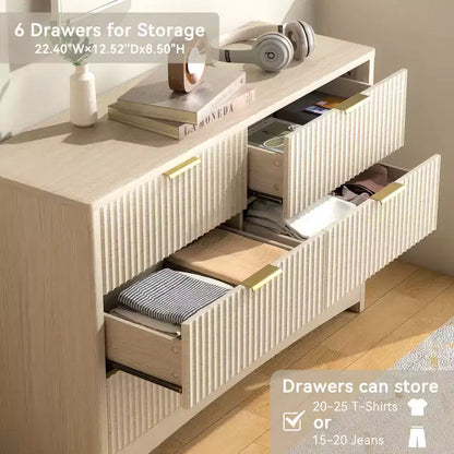 Commode en bois à 6 tiroirs, solution de rangement moderne pour les chambres, les salons et les couloirs, offrant une grande capacité et une élégante finition en bois naturel