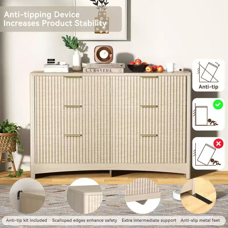 Commode en bois à 6 tiroirs, solution de rangement moderne pour les chambres, les salons et les couloirs, offrant une grande capacité et une élégante finition en bois naturel