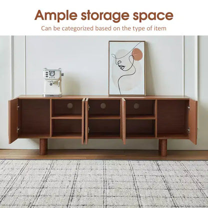 Meuble TV multimédia moderne du milieu du siècle de 180 cm avec portes encastrées et 4 compartiments de rangement, convient aux téléviseurs jusqu'à 80", Noyer