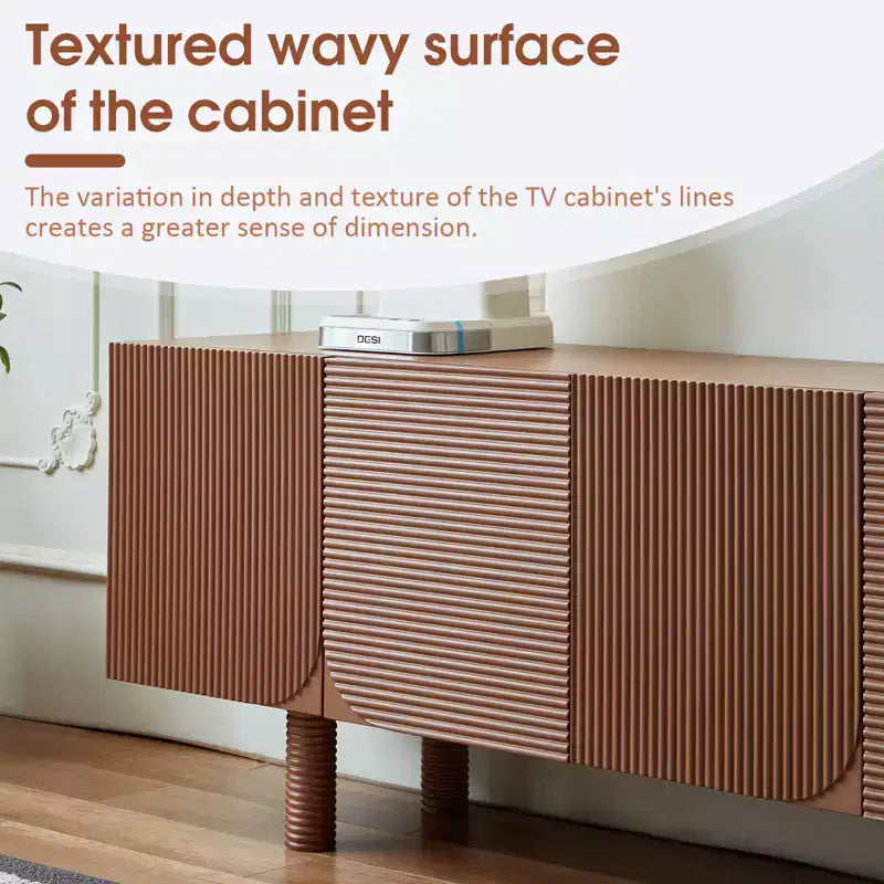 Meuble TV multimédia moderne du milieu du siècle de 180 cm avec portes encastrées et 4 compartiments de rangement, convient aux téléviseurs jusqu'à 80", Noyer