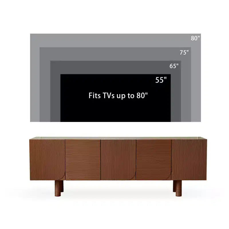Meuble TV multimédia moderne du milieu du siècle de 180 cm avec portes encastrées et 4 compartiments de rangement, convient aux téléviseurs jusqu'à 80", Noyer