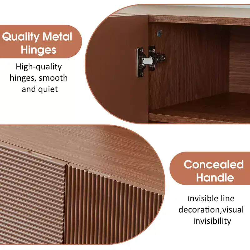 Meuble TV multimédia moderne du milieu du siècle de 180 cm avec portes encastrées et 4 compartiments de rangement, convient aux téléviseurs jusqu'à 80", Noyer