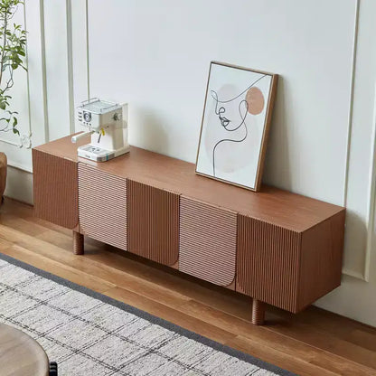 Meuble TV multimédia moderne du milieu du siècle de 180 cm avec portes encastrées et 4 compartiments de rangement, convient aux téléviseurs jusqu'à 80", Noyer