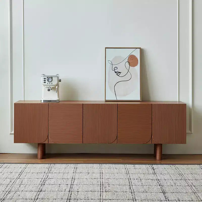 Meuble TV multimédia moderne du milieu du siècle de 180 cm avec portes encastrées et 4 compartiments de rangement, convient aux téléviseurs jusqu'à 80", Noyer
