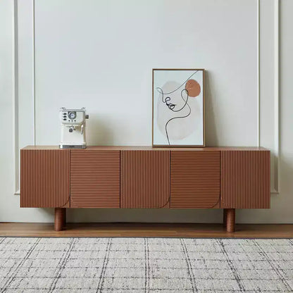 Meuble TV multimédia moderne du milieu du siècle de 180 cm avec portes encastrées et 4 compartiments de rangement, convient aux téléviseurs jusqu'à 80", Noyer