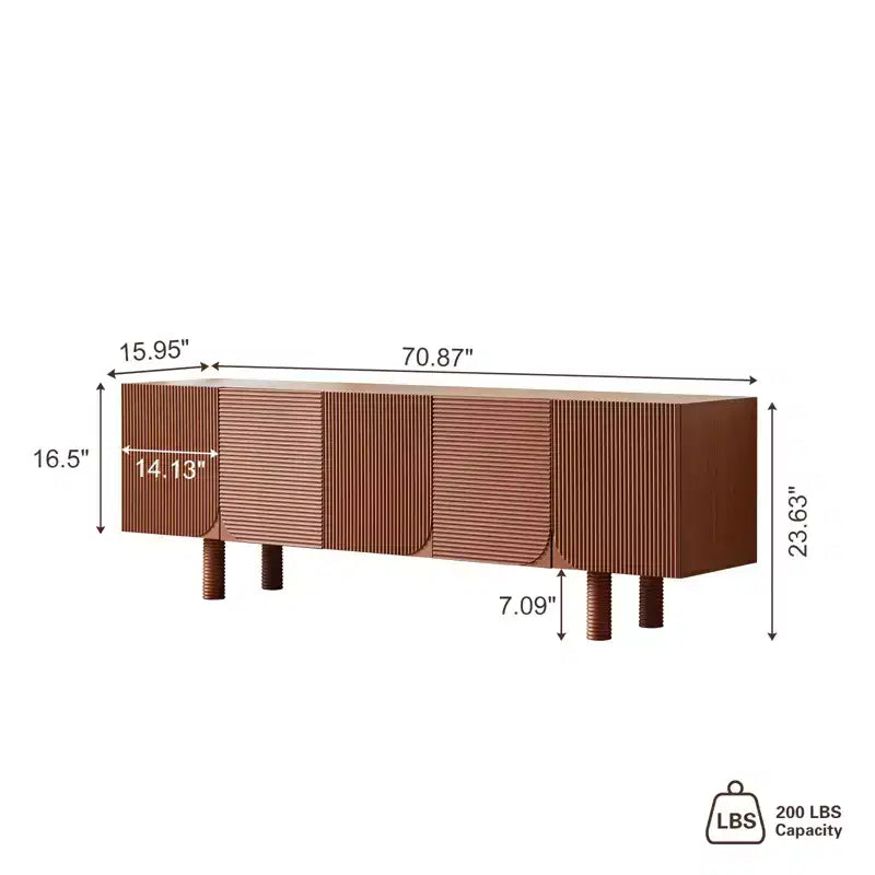Meuble TV multimédia moderne du milieu du siècle de 180 cm avec portes encastrées et 4 compartiments de rangement, convient aux téléviseurs jusqu'à 80", Noyer