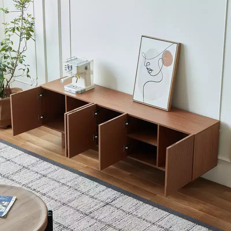 Meuble TV multimédia moderne du milieu du siècle de 180 cm avec portes encastrées et 4 compartiments de rangement, convient aux téléviseurs jusqu'à 80", Noyer