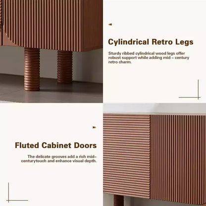 Meuble TV multimédia moderne du milieu du siècle de 180 cm avec portes encastrées et 4 compartiments de rangement, convient aux téléviseurs jusqu'à 80", Noyer