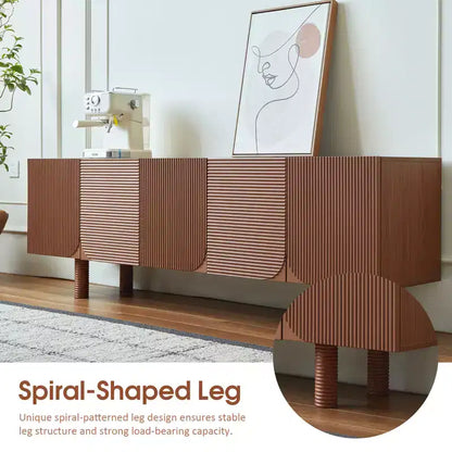 Meuble TV multimédia moderne du milieu du siècle de 180 cm avec portes encastrées et 4 compartiments de rangement, convient aux téléviseurs jusqu'à 80", Noyer