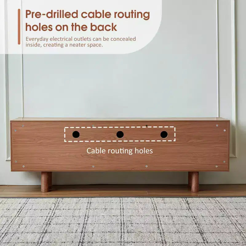 Meuble TV multimédia moderne du milieu du siècle de 180 cm avec portes encastrées et 4 compartiments de rangement, convient aux téléviseurs jusqu'à 80", Noyer