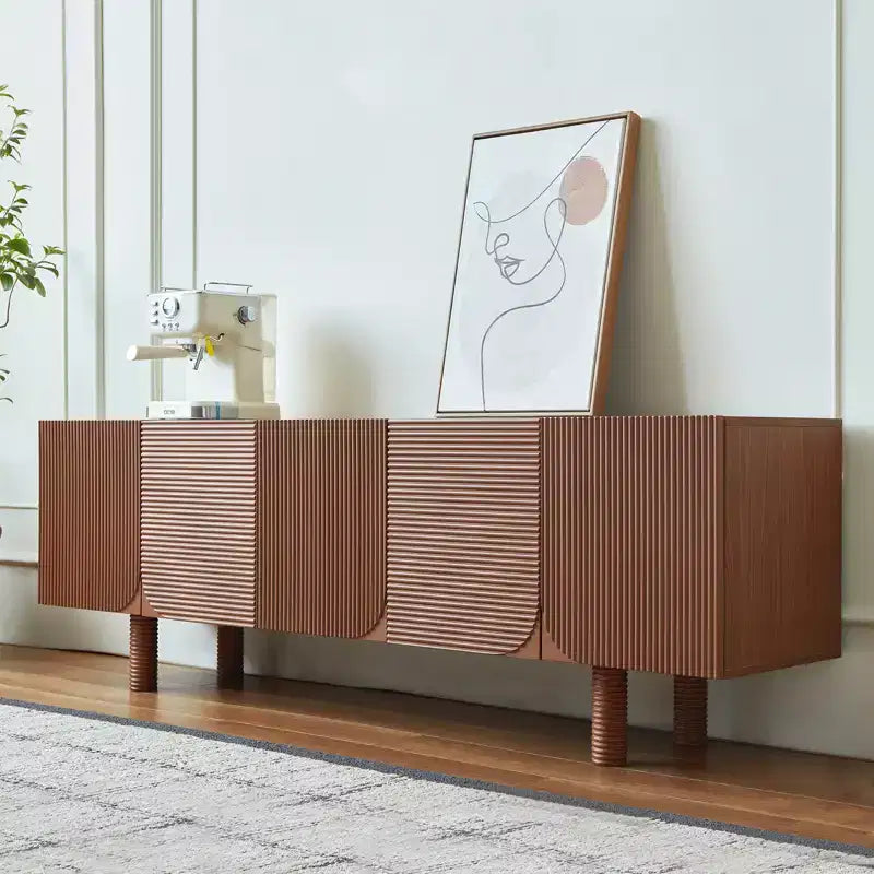 Meuble TV multimédia moderne du milieu du siècle de 180 cm avec portes encastrées et 4 compartiments de rangement, convient aux téléviseurs jusqu'à 80", Noyer