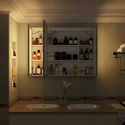Armoire de toilette à LED avec fonction antibuée, éclairage réglable et grand espace de rangement pour salle de bain
