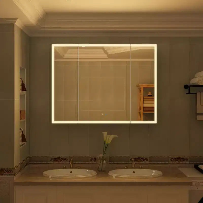 Armoire de toilette à LED avec fonction antibuée, éclairage réglable et grand espace de rangement pour salle de bain