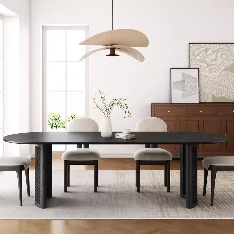 Table à manger ovale 79" pour 6-8 personnes, bord en arc et base tissée en rotin, style moderne ferme, noire