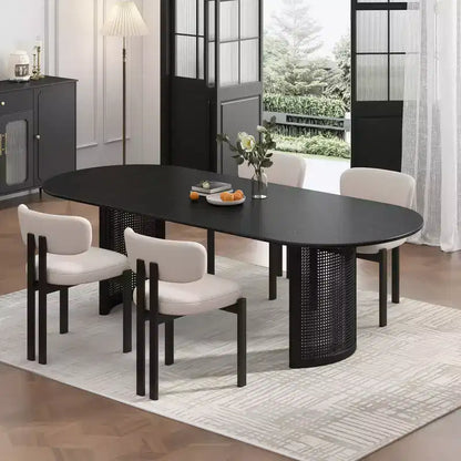 Table à manger ovale 79" pour 6-8 personnes, bord en arc et base tissée en rotin, style moderne ferme, noire