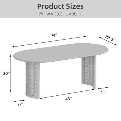 Table à manger ovale 79" pour 6-8 personnes, bord en arc et base tissée en rotin, style moderne ferme, noire