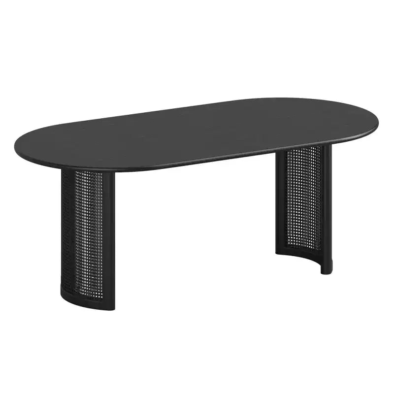 Table à manger ovale 79" pour 6-8 personnes, bord en arc et base tissée en rotin, style moderne ferme, noire