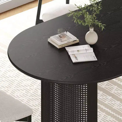 Table à manger ovale 79" pour 6-8 personnes, bord en arc et base tissée en rotin, style moderne ferme, noire