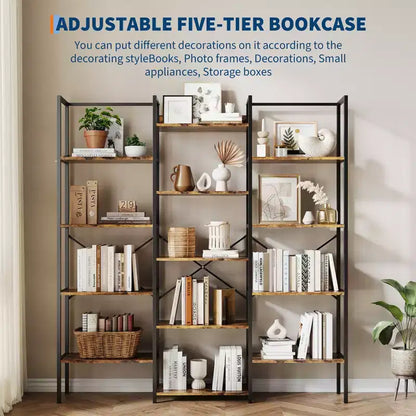 Grande bibliothèque à 5 niveaux sur pied de style industriel avec 14 étagères ouvertes, idéale pour la maison et le bureau