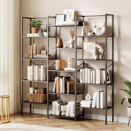 Grande bibliothèque à 5 niveaux sur pied de style industriel avec 14 étagères ouvertes, idéale pour la maison et le bureau