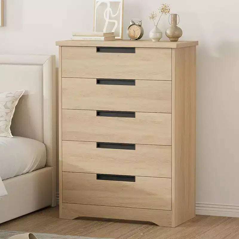 Embedded-handle design five-drawer chest, modern wooden drawer cabinet, space-saving compact storage, suitable for living rooms.