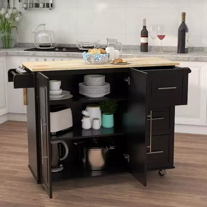 Îlot de cuisine avec plateau en bois massif extensible, 2 portes et 3 tiroirs, chariot roulant, noir