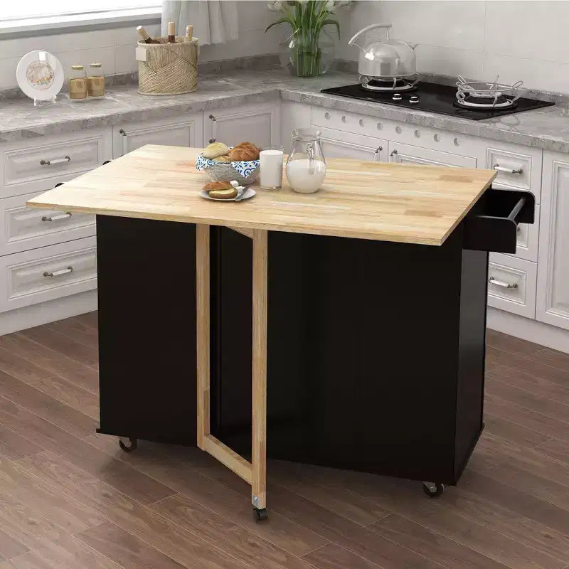 Îlot de cuisine avec plateau en bois massif extensible, 2 portes et 3 tiroirs, chariot roulant, noir