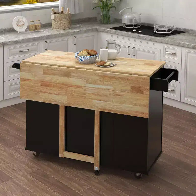 Îlot de cuisine avec plateau en bois massif extensible, 2 portes et 3 tiroirs, chariot roulant, noir