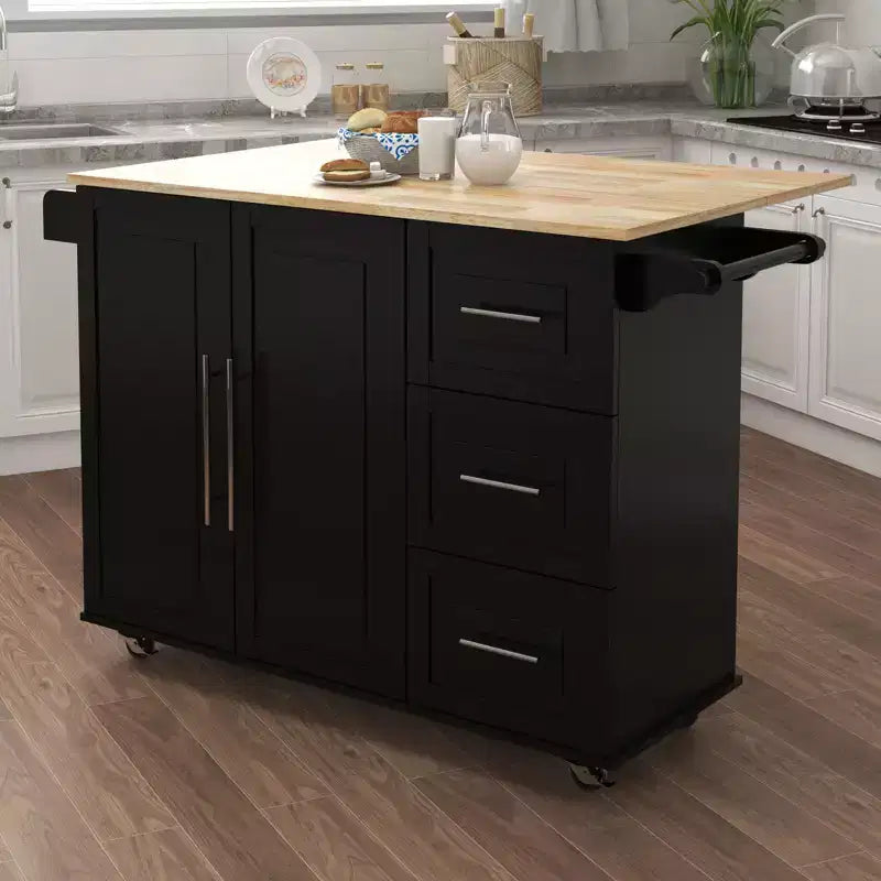 Îlot de cuisine avec plateau en bois massif extensible, 2 portes et 3 tiroirs, chariot roulant, noir