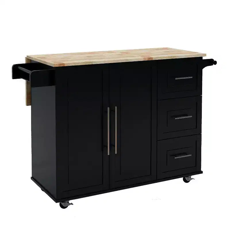 Îlot de cuisine avec plateau en bois massif extensible, 2 portes et 3 tiroirs, chariot roulant, noir