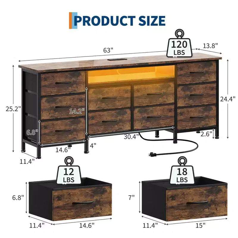 Commode de chambre 63" avec 10 tiroirs en tissu, meuble TV pour téléviseurs 65-75", commode blanche avec prise électrique et tiroirs de rangement