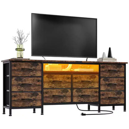 Commode de chambre 63" avec 10 tiroirs en tissu, meuble TV pour téléviseurs 65-75", commode blanche avec prise électrique et tiroirs de rangement