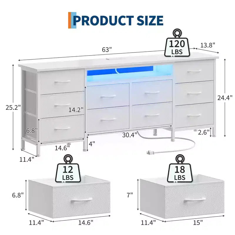 Commode de chambre 63" avec 10 tiroirs en tissu, meuble TV pour téléviseurs 65-75", commode blanche avec prise électrique et tiroirs de rangement