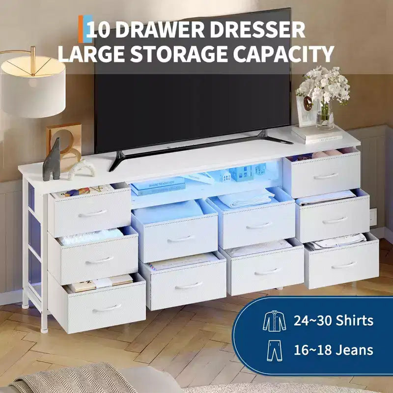 Commode de chambre 63" avec 10 tiroirs en tissu, meuble TV pour téléviseurs 65-75", commode blanche avec prise électrique et tiroirs de rangement