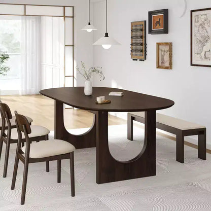 Table à manger ovale 79" pour 6-8 personnes, plateau en bois résistant aux rayures et pieds arqués, style ferme moderne, noyer