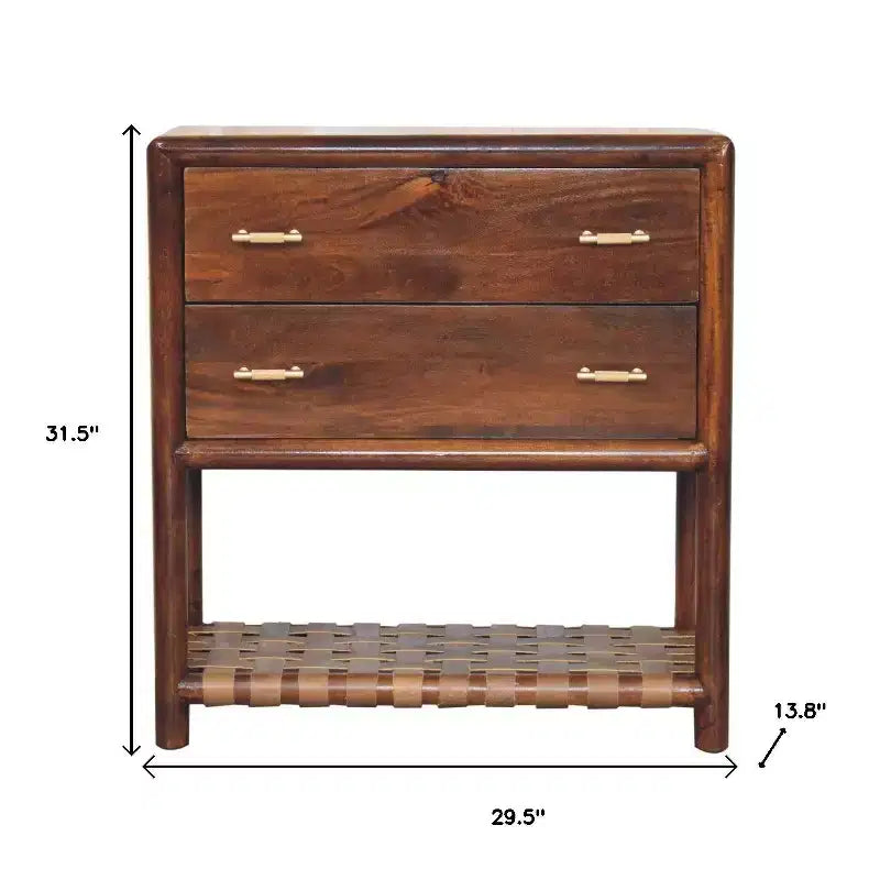Table de chevet en bois massif brun de 32" avec deux tiroirs et une étagère en cuir