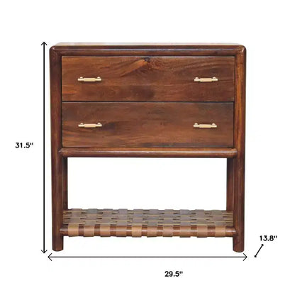 Table de chevet en bois massif brun de 32" avec deux tiroirs et une étagère en cuir