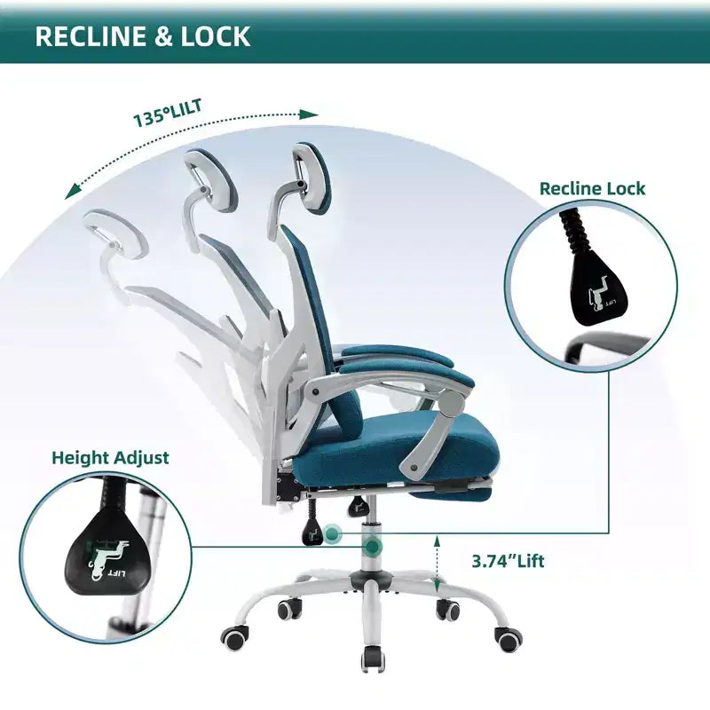 Chaise de bureau ergonomique avec repose-pieds rétractable, support lombaire et accoudoirs rembourrés, pivotante