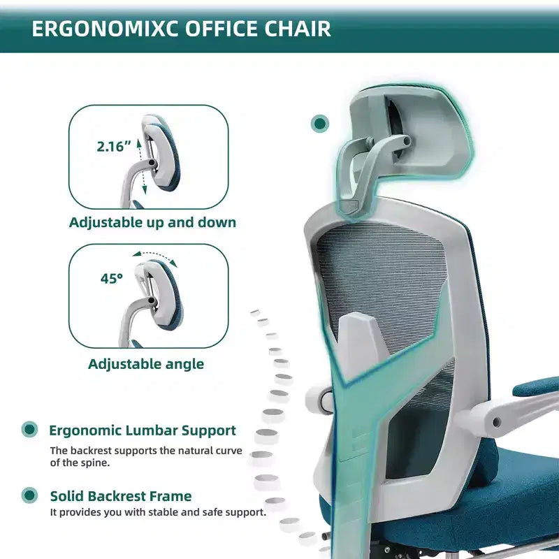 Chaise de bureau ergonomique avec repose-pieds rétractable, support lombaire et accoudoirs rembourrés, pivotante