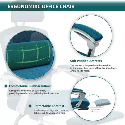 Chaise de bureau ergonomique avec repose-pieds rétractable, support lombaire et accoudoirs rembourrés, pivotante