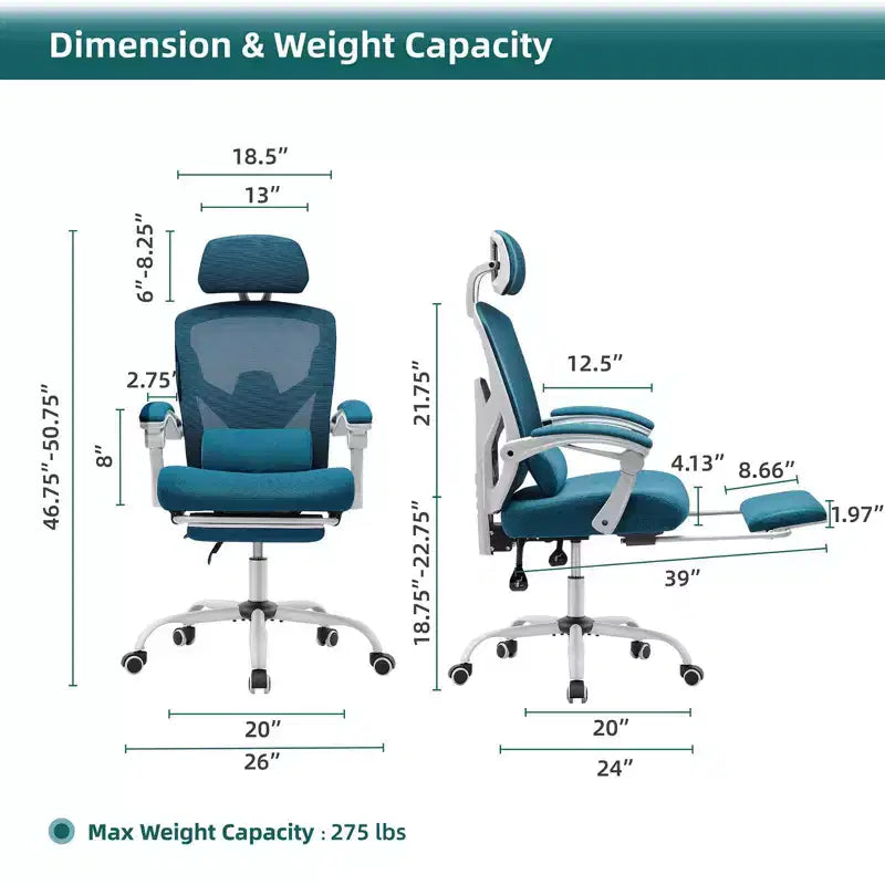 Chaise de bureau ergonomique avec repose-pieds rétractable, support lombaire et accoudoirs rembourrés, pivotante