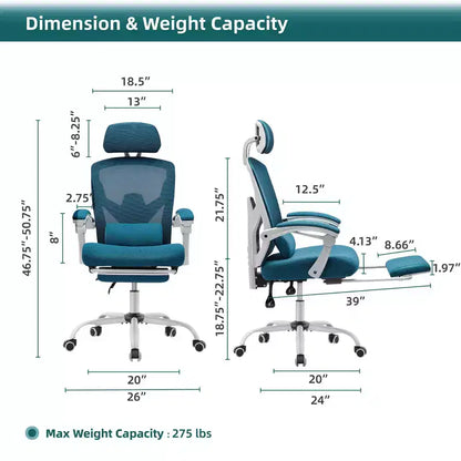 Chaise de bureau ergonomique avec repose-pieds rétractable, support lombaire et accoudoirs rembourrés, pivotante
