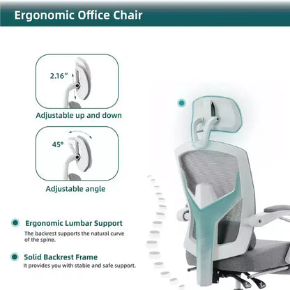 Chaise de bureau ergonomique avec repose-pieds rétractable, support lombaire et accoudoirs rembourrés, pivotante