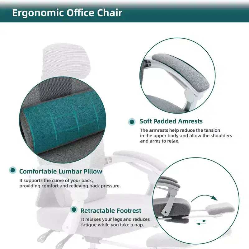Chaise de bureau ergonomique avec repose-pieds rétractable, support lombaire et accoudoirs rembourrés, pivotante