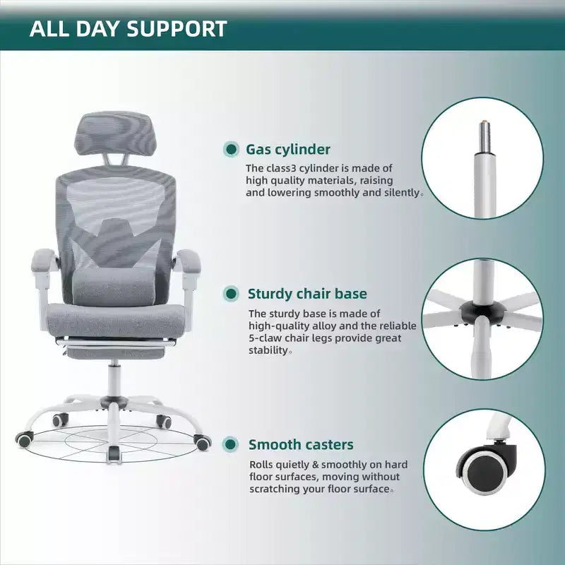 Chaise de bureau ergonomique avec repose-pieds rétractable, support lombaire et accoudoirs rembourrés, pivotante