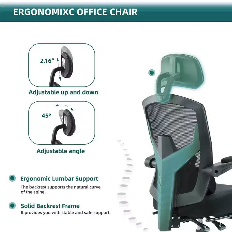 Chaise de bureau ergonomique avec repose-pieds rétractable, support lombaire et accoudoirs rembourrés, pivotante